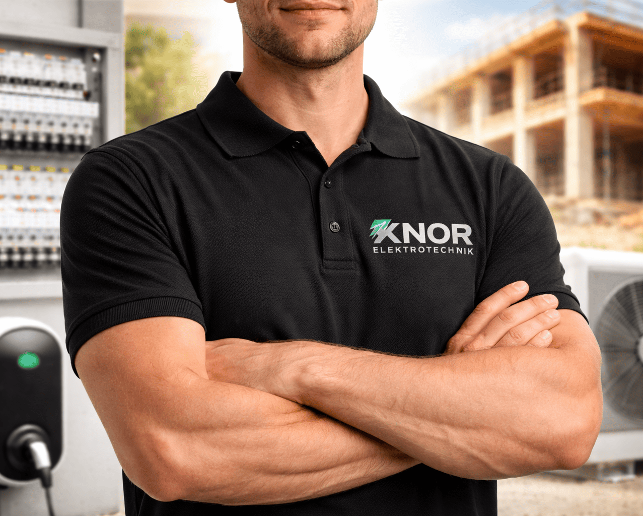 Knor Elektrotechnik, Elektriker für moderne Elektroinstallation in Peine, Braunscheig, Hannover und Umgebung Elektriker von Knor Elektrotechnik vor Baustelle mit Schaltschrank, Wallbox und Wärmepumpe, Fachbetrieb für Elektrotechnik in Peine,